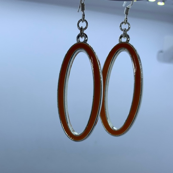 Orange and Silver Tone Oval Dangle Earrings ( 3 for $15 ) - Picture 2 of 4